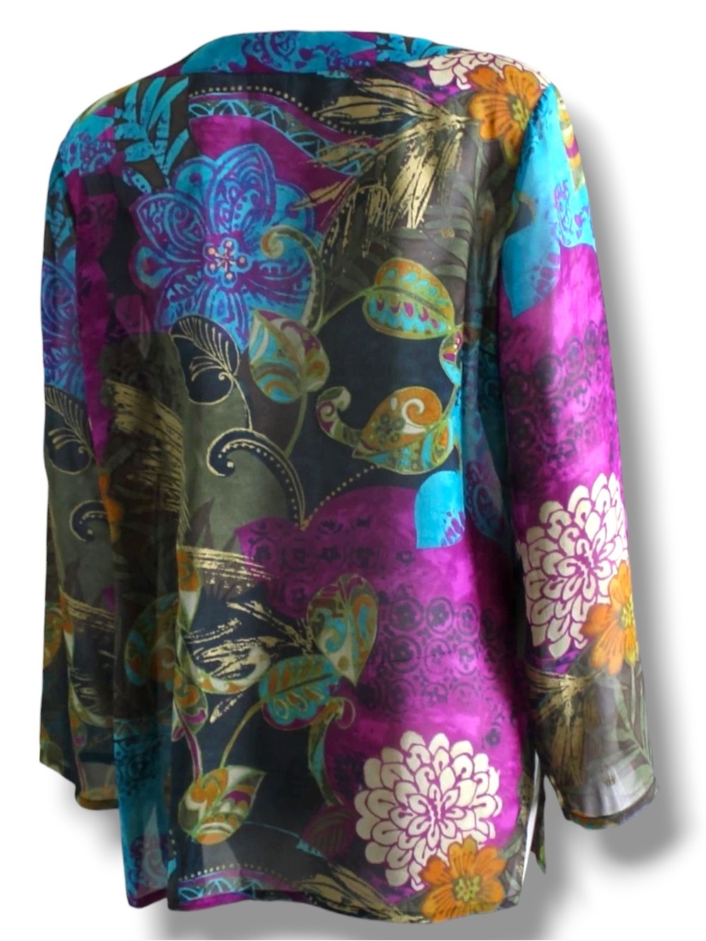 Chico’s 100% Silk Abstract Floral Tunic Top Semi Sheer Jewel Tone US 4 - Picture 9 of 15